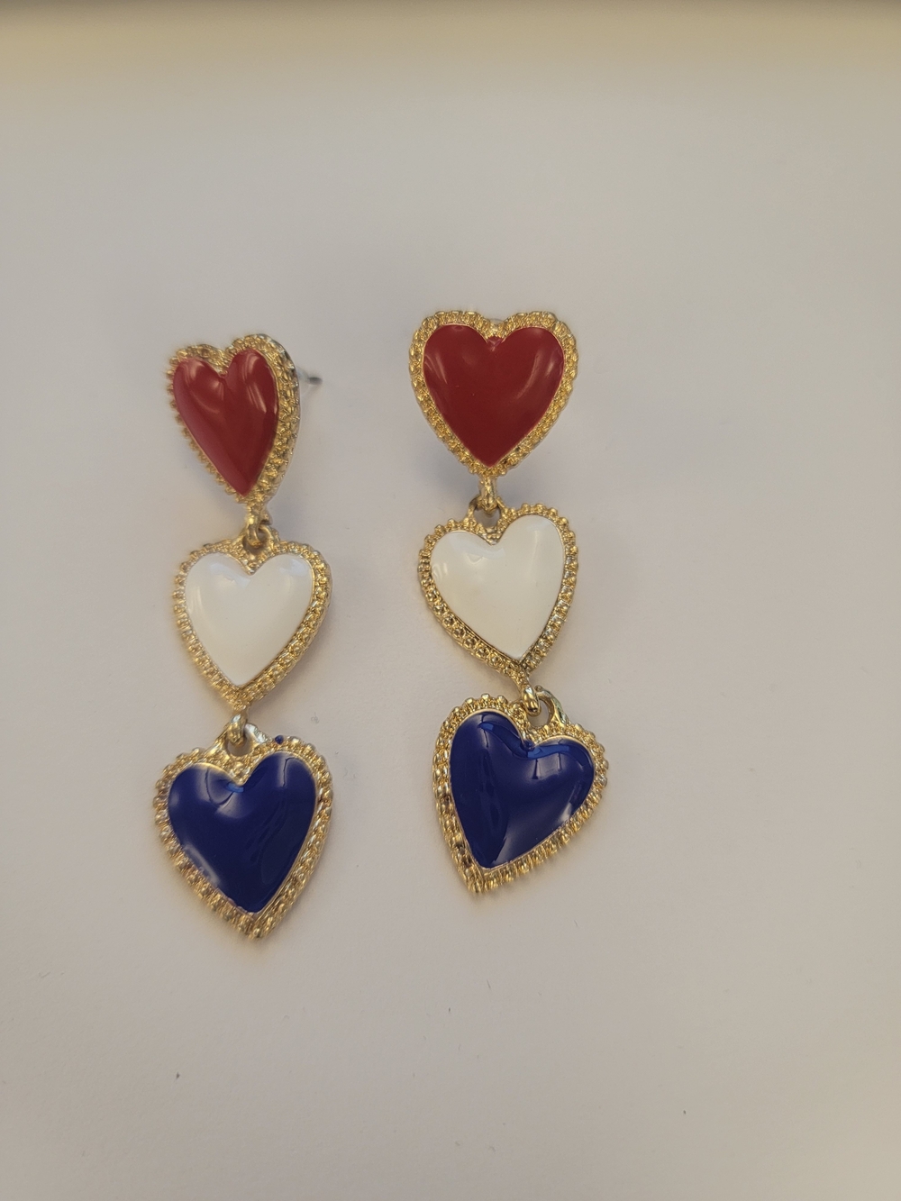Gold-Tone Red White Blue Triple Heart Drop Earrings